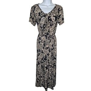 Seven Islands Paisley Midi Dress M Navy Beige V Neck Elastic Waist